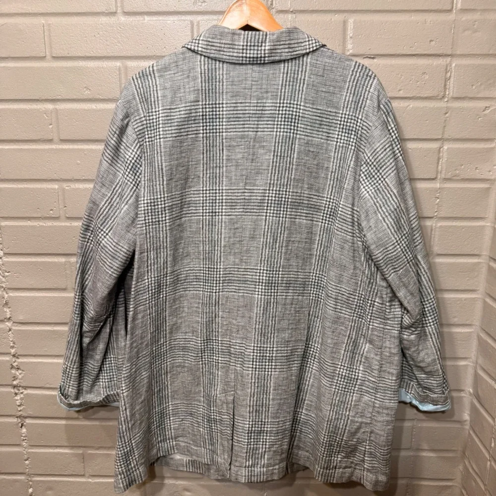 J‎ Jill Love Linen Blazer Plaid Longline Womens Lrg Boyfriend Fit Blue Academia